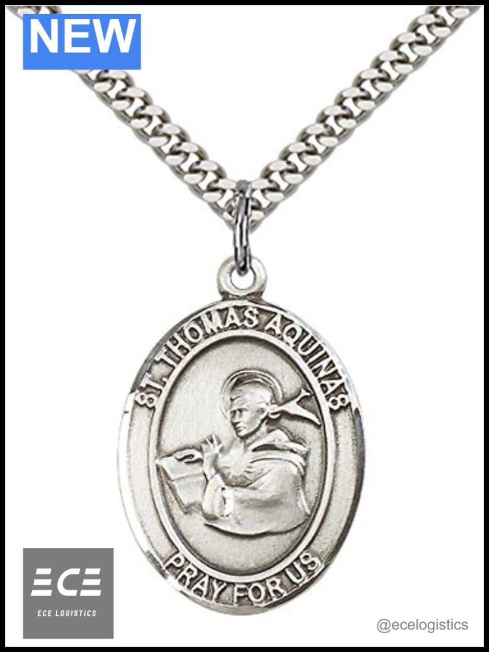 Sterling Silver St. Thomas Aquinas Pendant Necklace 24in Curb Chain